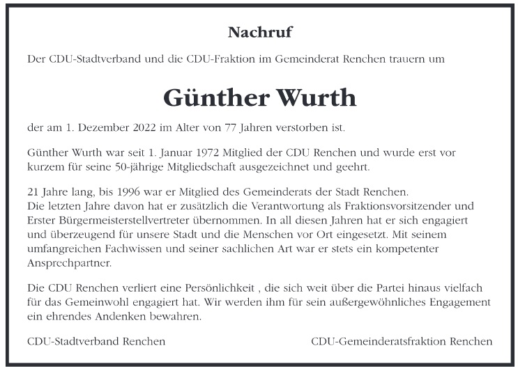Nachruf Günther Wurth
